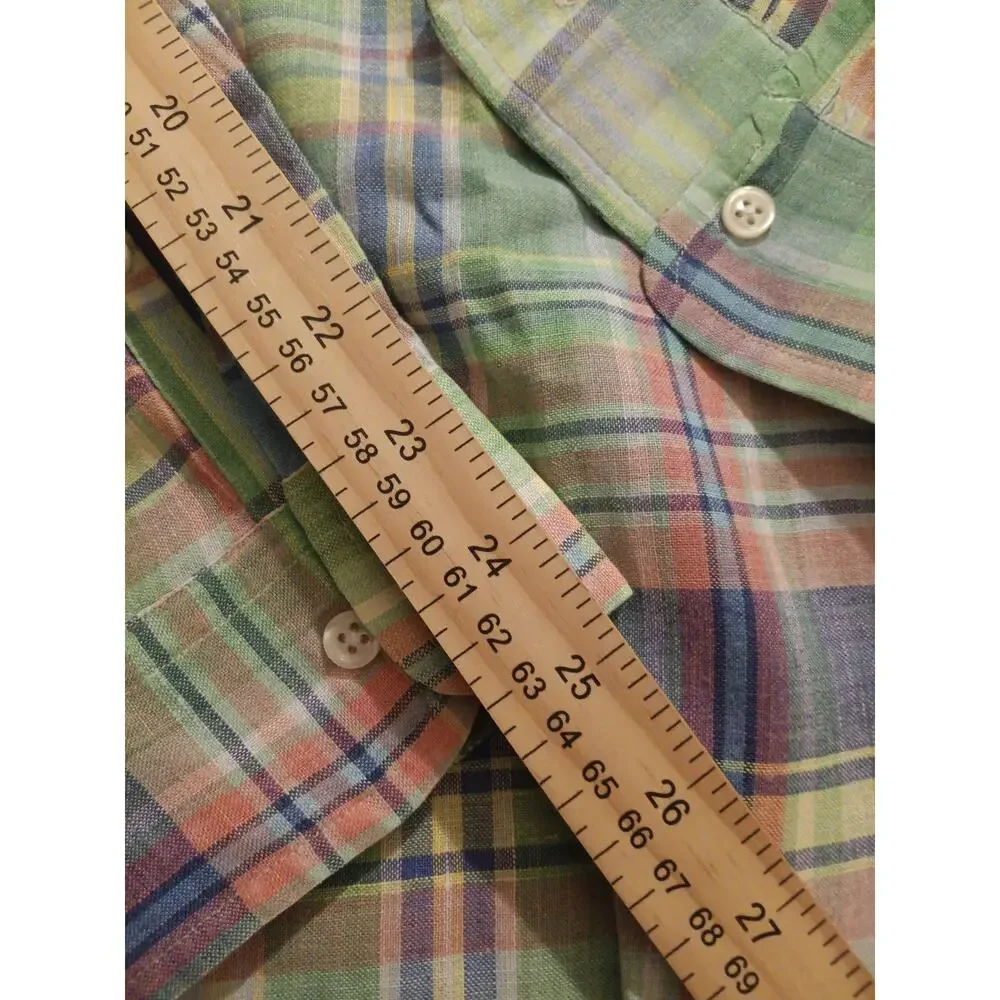 Polo Ralph Lauren Men’s 100% Linen Shirt M Custom Fit Long Sleeve Green Plaid